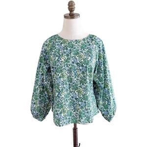 J. Crew Green and Blue Floral Print Blouse Women's Size 6 Low Back Bubble Sleeve
